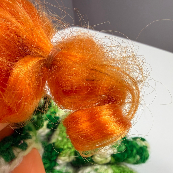 Vintage 70's - 80's Doll with Orange Hair and Green & White Crocheted Dress - Picture 5 of 9